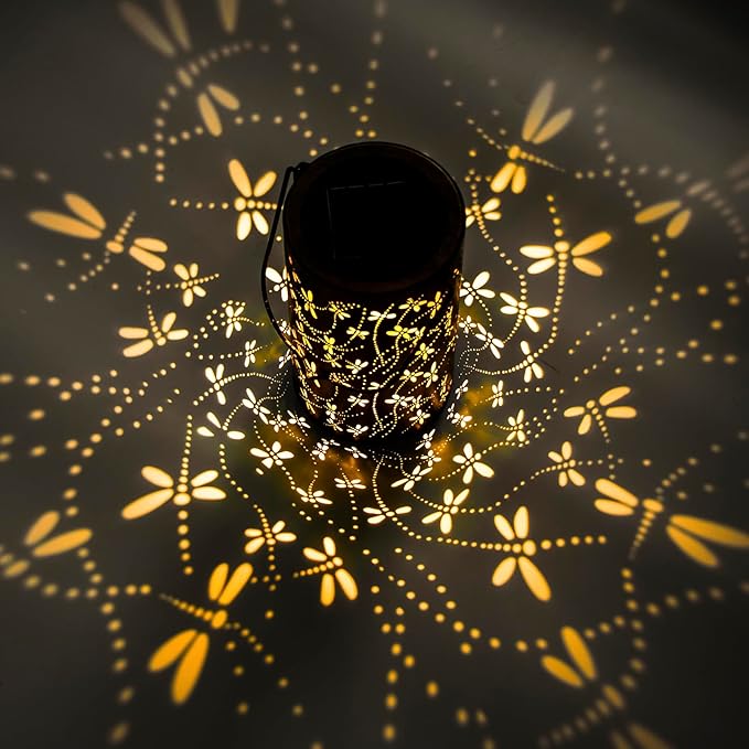 Birthday Gifts for Women Mom Grandma Ladies Solar Lanterns Outdoor Hanging Dragonfly Hollowed-Out Metal Waterproof LED Garden Decor Outside for Patio Yard Porch