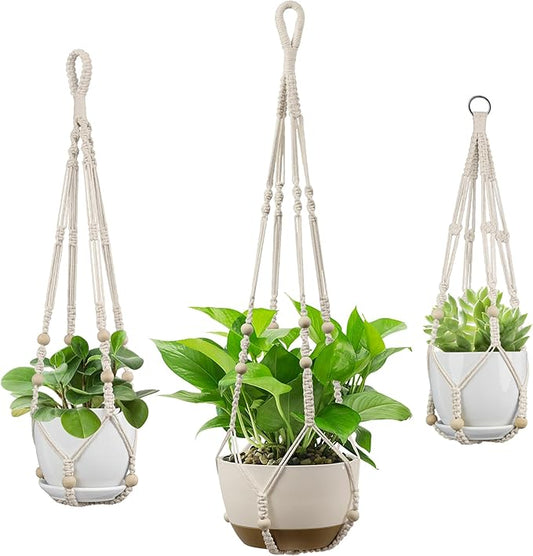 USLAI Macrame Plant Hanger Indoor Outdoor, Up to 4-15 inch Pot, Strong Hanging Planter Basket, Boho Home Decor, 23+29+35 Inch, Ivory (POTS NOT Included)