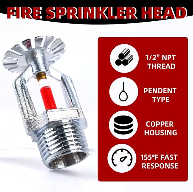2 Pcs Fire Sprinkler Head - Copper Chrome, 1/2” NPT 155℉(68°C) Pendent Type Spray, K80 Fast Response Automatic Fire Sprinkler System for Residential, Factory, Mall, Warehouse Building