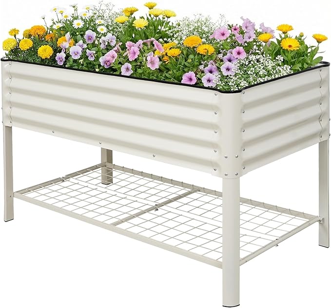 STBoo Elevated Raised Garden Bed with Legs and Wheels- 48''x24''x32'' Galvanized Metal Standing Planter Boxes Outdoor with Bottom Storage Shelf for Backyard, Patio, Balcony, Vegetables, Flowers, White
