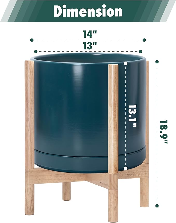 D'vine Dev Ceramic Planter with Natural Stand - 14 Inch Modern Round Flower Pot with Wood Planter Holder, Teal, 55-B-R-4