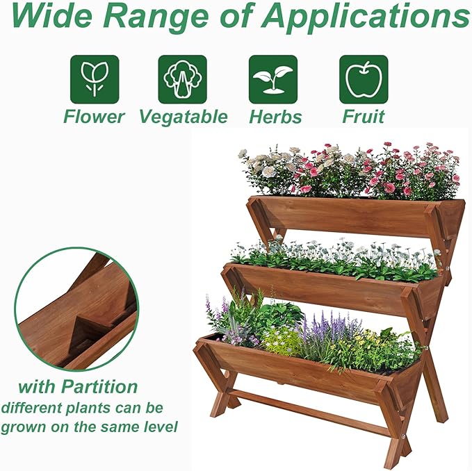 3 Tier Vertical Garden Planter,Raised Garden Bed,Planter Box,Fir Wood Freestanding Elevated Herb Stand Tower,Flower Strawberry Vegetable with Drain Holes,35x22x36 Inches, for Outdoor,Brown