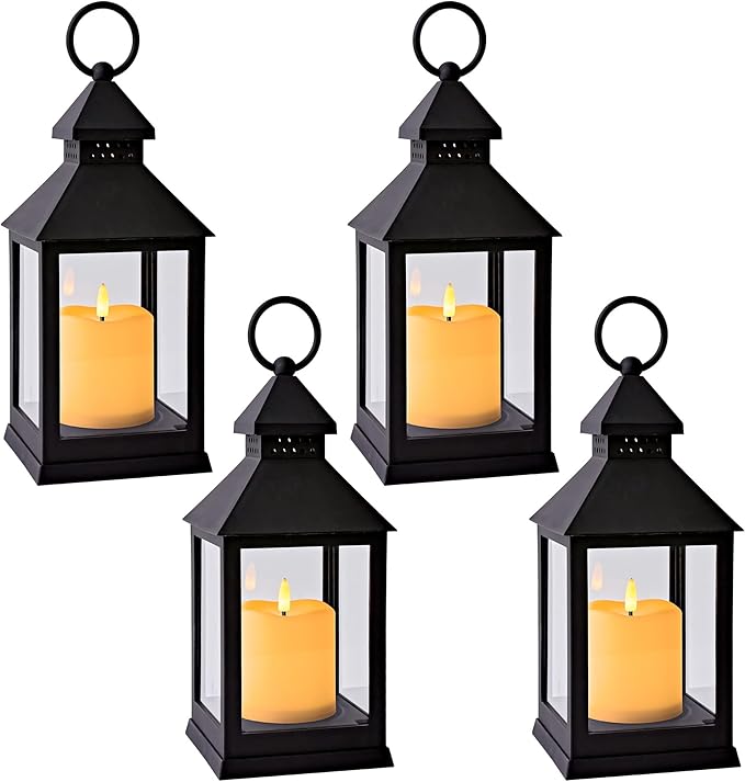 Yongmao Vintage Lantern Decorative LED Flickering Flameless Candle with Timer, Battery Powered LED Decorative Hanging Lanterns for Indoor Outdoor Garden Yard Home Decor(4 Pack)
