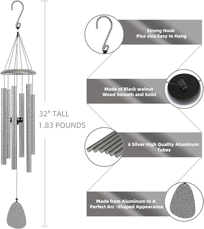 Wind-Chimes-Outdoor-Deep-Tone, Large Soothing Melodic Tones Windchimes, Wind Chimes for Outside, Memorial Wind Chime Best Gift for Mom Women Grandma Neighbors(32" Silver Coated Aluminum)