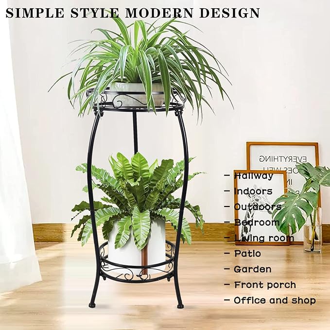 MOCORY Plant Stand Indoor Outdoor 2 Tier 27" Tall Metal Potted Holder Flower Pot Stand Heavy Duty Plant Shelf Rustproof Iron Multiple Plant Round Supports Rack for Planter Corner Garden Balcony Patio