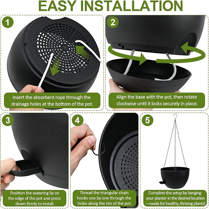 WOUSIWER Self Watering Hanging Planters, 2 Pack 12'' Plastic Pots with Drainage Holes & Reservoir Tray (Black) | Indoor & Outdoor Use for Ferns, Ivy, Herbs, Succulents