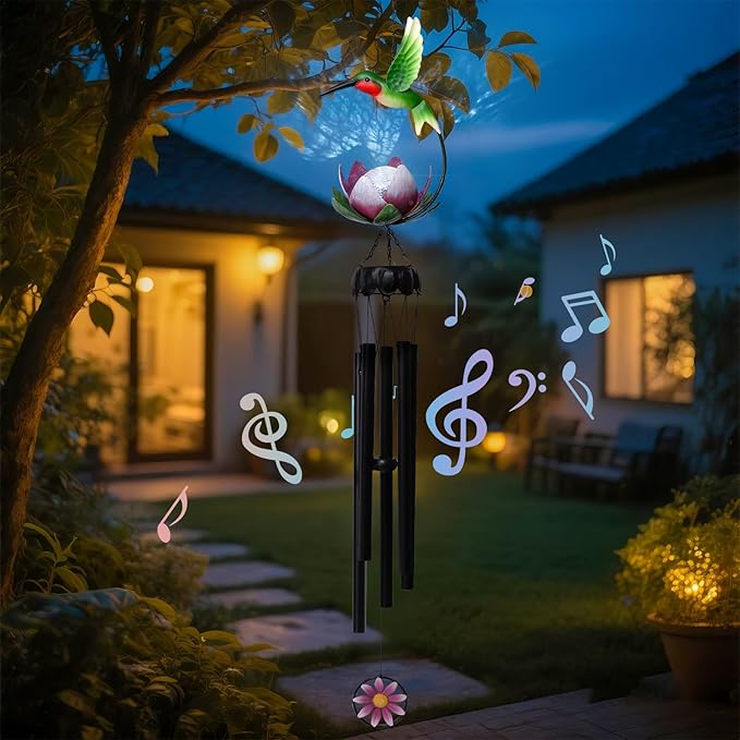 MUMTOP Solar Wind Chimes for Outside - Hummingbird with Lotus Crack Glass Ball Lights Wind Chimes Outdoor Unique, Windchimes Clearance for Garden, Patio,Yard Decor Gift