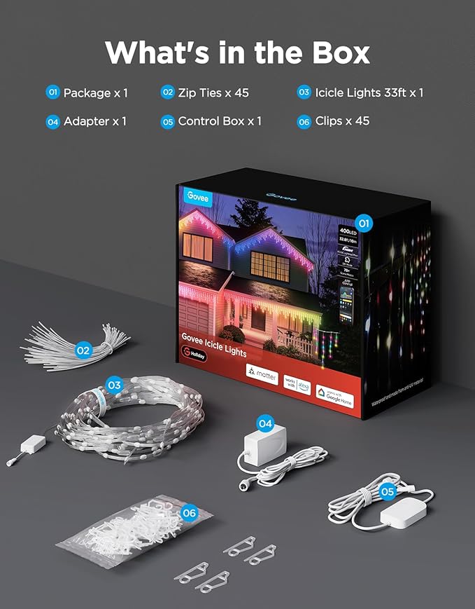 Govee Icicle Lights, Smart RGBIC Christmas Lights for Outside, 33ft with 400 LEDs Icicle Light Outdoor, IP67 Waterproof, Music Sync, Voice Control, 78+ Scene Modes for Christmas Decor