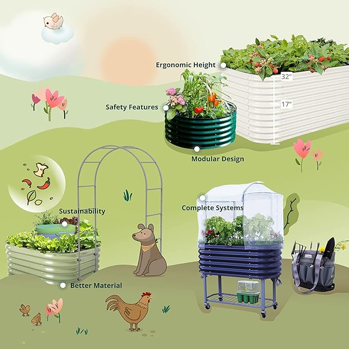 Vego garden Cascading Raised Garden Planter Box Outdoor Metal Galvanized Gardening Bed for Vegetables Herb & Flower, Pearl White