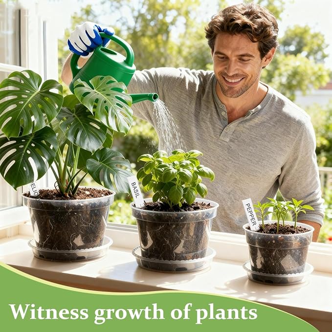 12 Pack 10/8/6 Inch Clear Nursery Pots with Saucer, Plant Label, Gardening Gloves, Transparent Sturdy Plastic Plant Pots with Drainage Hole, Plant Starter Pots for Planting Seedling Herb Vegetable