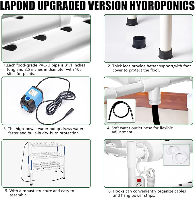 Hydroponics Growing System Kit for Vegetables,Flowers Fruits and Herbs, with 108 Plant Sites, Suitable for Indoor and Outdoor (Upgraded Version)
