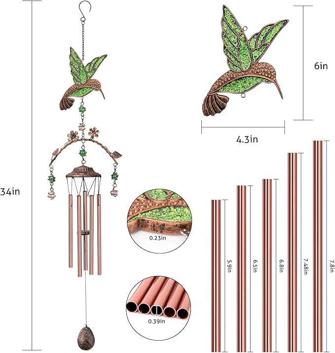 Wind Chimes - Green Hummingbird Wind Chimes for Outside Deep Tone 34 inches 5 Aluminum Tubes, Thanksgiving, Christmas, Birthday Gifts for Mom, Grandma, Decorations for Home, Garden, Patio, Backyard