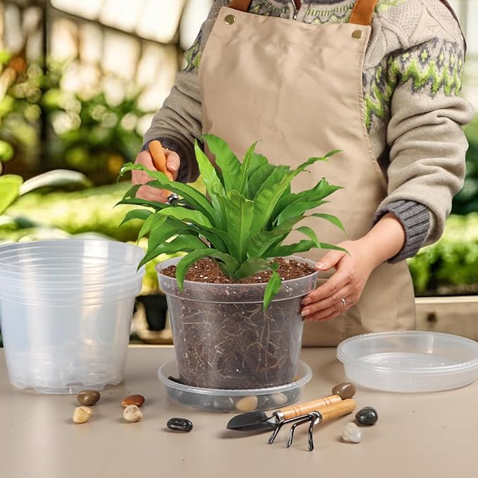 7 Pack 8 Inch Clear Nursery Pots with Saucer, Transparent Plastic Plant Pot with Drainage Holes, Sturdy Plant Starter Pots, Planter Pot for Planting Succulent Flower Herb Vegetable, Gardening Gifts