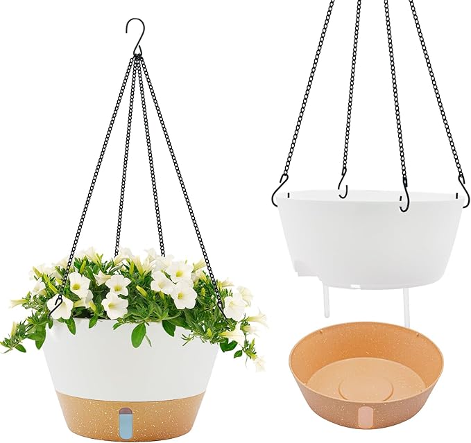 ZMTECH 2 Pack 12 Inch Hanging Planters, Large Hanging Plant Pot with Visible Water Level and Chain, Self Watering Hanging Flower Pot for Indoor Outdoor Garden Porch(White)