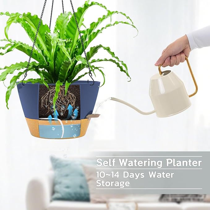 ZMTECH 12 Inch Hanging Planters for Indoor, Large Hanging Plant Pot with Visible Water Level and Chain, Self Watering Hanging Flower Pot for Outdoor Garden Porch(Blue)