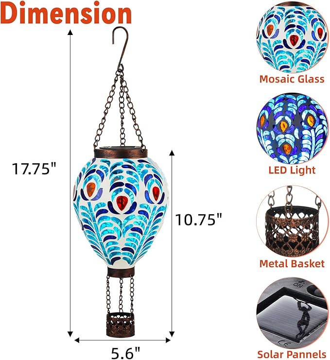 VOREEN Hot Air Balloon Solar Lantern, Handmade Mosaic Solar Outdoor Hanging Wind Light, Waterproof, Patio Festive Decor, Gift for Mom Wife Friend, Peacock Feather Design