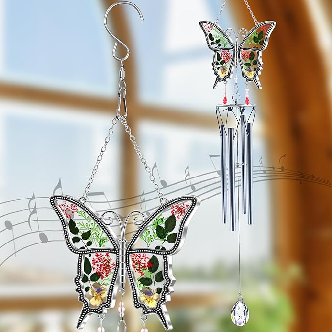 KY&BOSAM New Butterfly Wind Chime with Crystal Sympathy Wind Spinner Memorial Wind Chime for Loss of Loved One Prime Bereavement Sympathy Memorial Gift for Loss of Mother Father Gift Home Garden Decor