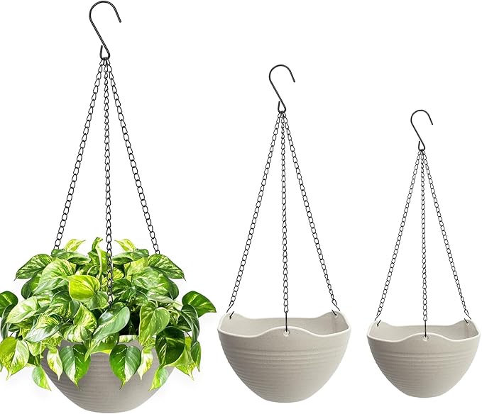 Hanging Planters for Indoor Plants 3 Pack - 7/8/10 Inch Plastic Hanging Pots with Water Sieve Mesh, Small Hanging Pots for Home Garden, Porch, Balcony & Patio Decor, Grey White