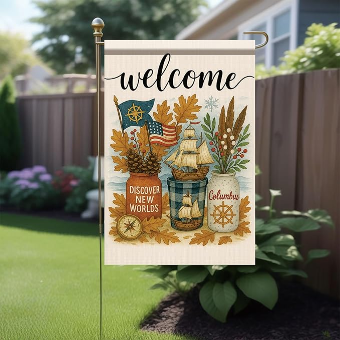 12x18 Inch Columbus Day Garden Flag Welcome Double Sided Yard Banner Discover New Worlds Autumn Ship Outdoor Decor for Porch Lawn Pathway Seasonal Patriotic Nautical Thanksgiving Decor