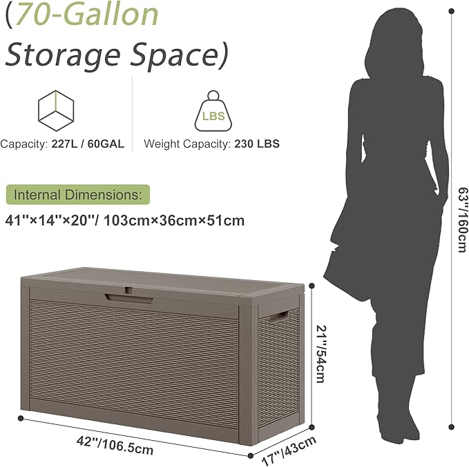 NBYSGO Outdoor Storage Box, Resin Deck Boxes Indoor and outdoor, Waterproof Storage Box Lockable Lid (Grey,70 Gallon)