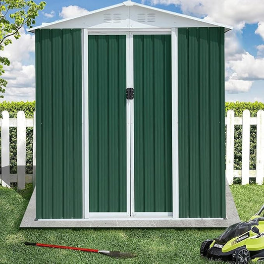 6' x 4' Metal Outdoor Storage Shed, Garden Tool House with 2 Vents and 2 Easy Sliding Doors for Backyard, Patio, Garage, Lawn Metal Storage Shed （Green）