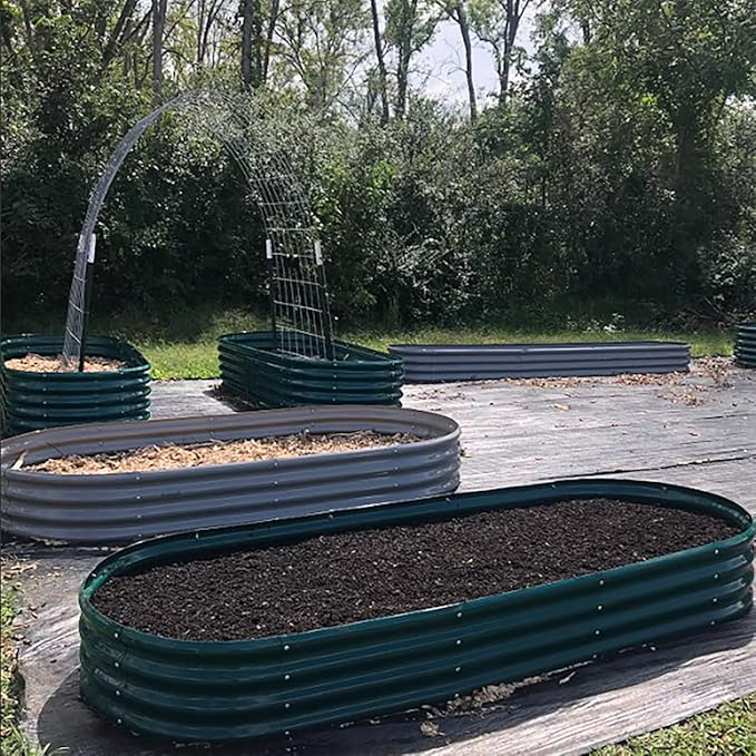 6 Pack 8x3x1FT Galvanized Raised Garden Bed Kit Oval Metal Ground Planter Box Outdoor Bottomless Planter Raised Beds for Vegetables Flowers Herbs Fruits, Green