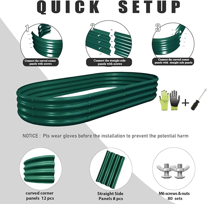 6 Pack 6x3x1FT Galvanized Raised Garden Bed Kit Oval Metal Ground Planter Box Outdoor Bottomless Planter Raised Beds for Vegetables Flowers Herbs Fruits, Green