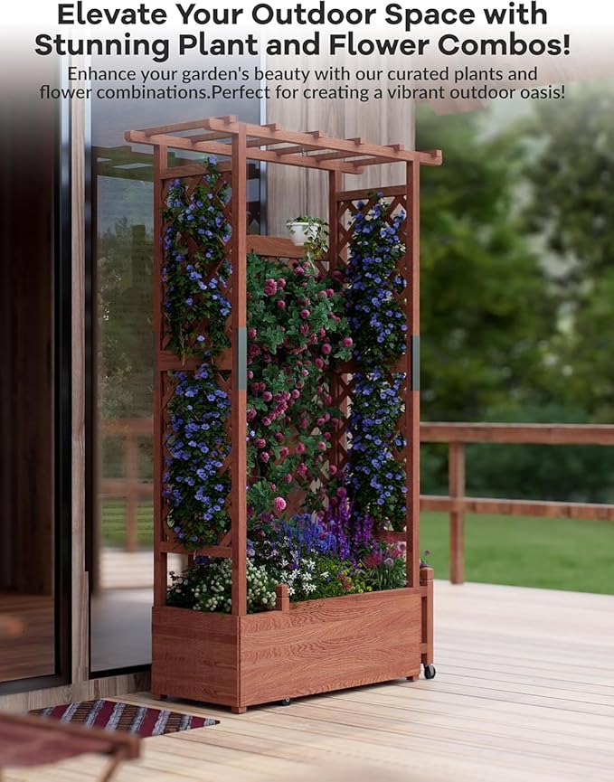 Raised Garden Bed with Trellis and Hanging Roof, Wooden Planter Box with Side Supports and Drainage, Freestanding Elevated Planter for Climbing Plants, Vines, and Flowers, 43x17x72Ft