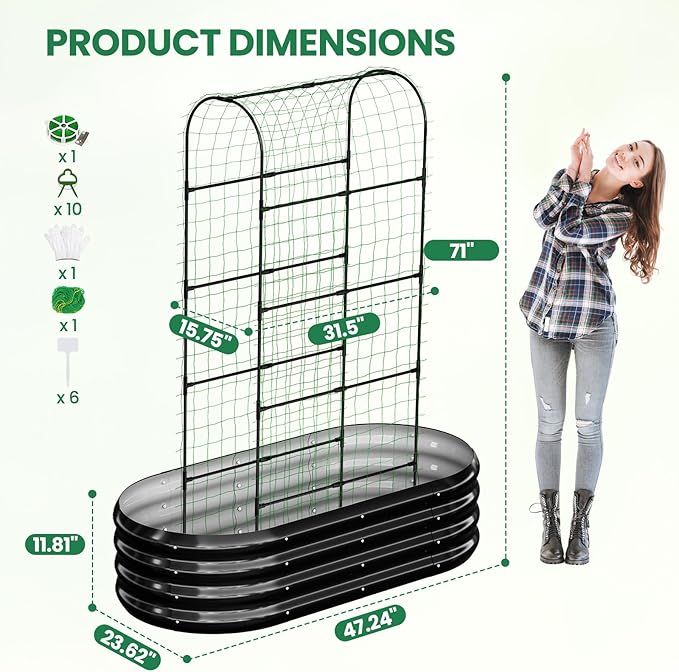 SUNYRISY Galvanized Raised Garden Bed with 71in Arch Trellis for Climbing Plants, Outdoor Planter Box with Climbing Net for Gardening Flowers Vegetables Fruits Herbs, Black