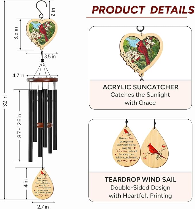 FLAGWIX Sympathy Gifts for Loss of Loved One - Large Outdoor Wind Chimes for Outside 32in - Cardinal Gifts for Women Men, Memorial Gift, Sympathy Gift Ideas, Cardinal Wind Chimes for Loss of Loved One