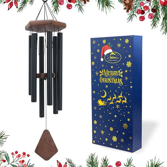 Wind Chimes for Outside, Black Aluminum Wind Chime with Wind Catcher, Garden & Patio Outdoor Decor, Deep Tone Tuned Windchimes, for Men and Women, Box Included