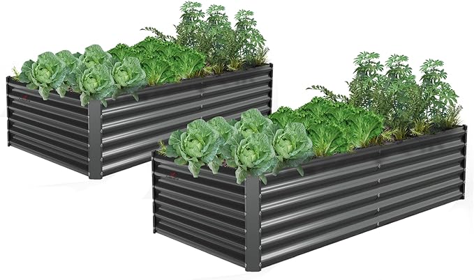A ANLEOLIFE 2 Pcs 6X3X1.5 ft Rectangular Galvanized Raised Garden Beds Outdoor for Planting Vegetables Flowers Herb, Quartz Grey