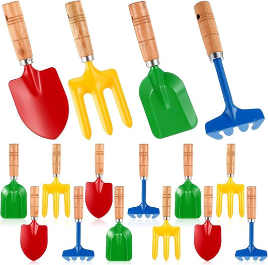 16 Pcs Gardening Tools Metal Garden Beach Sandbox Digging Including Shovel, Rake, Fork and Trowel, Garden Beach Sand Tools with Wooden Handle Hoe for Gift Outdoor Gardening