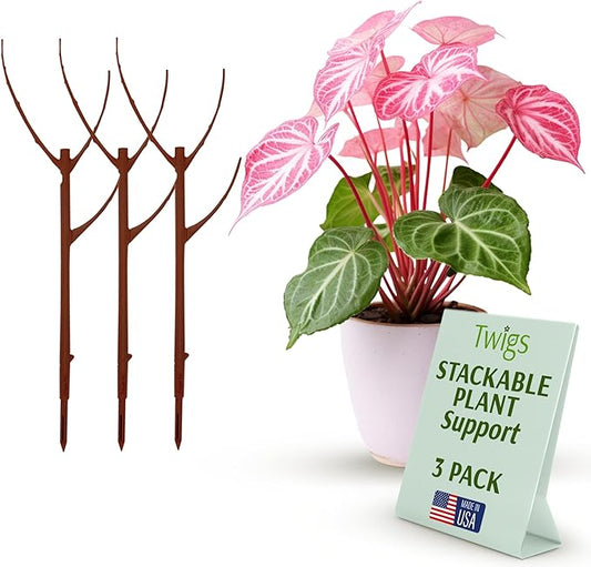 Twigs GA - Stackable Plant Support Stakes, Indoor & Outdoor Houseplant Stem Support, Garden Accessories, Durable Trellis Alternative for Climbing & Potted Plants - Begonia Red, 3 Pack, 17" L