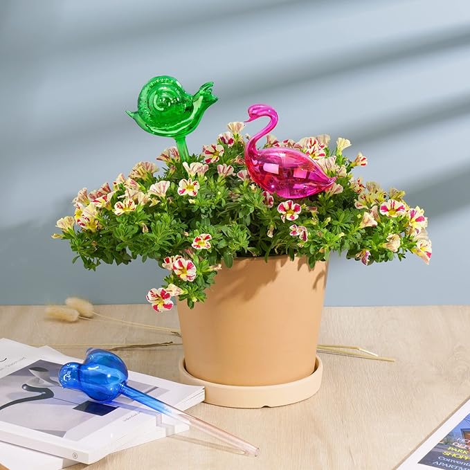 NiHome Spike Self-Watering Bulb 3PCS 10" Iridescent Pearl Hand-Blown Glass Globe Pot Plant Waterer Home Indoor Outdoor Garden Patio Hanging Flower Automatic Irrigation System (Swan, Snail & Bird)