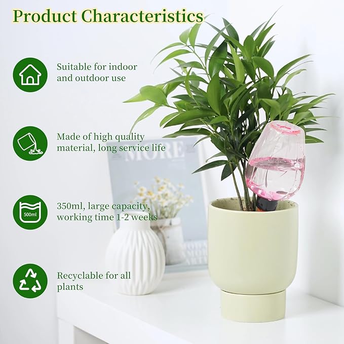 3pcs Plant Self Watering Globes, Plastic Water Bulbs Top Fill, 12.3 oz Plant Watering Devices System Slow Release Terracotta, Water Spikes Stakes for Indoor (Pink-3pack)