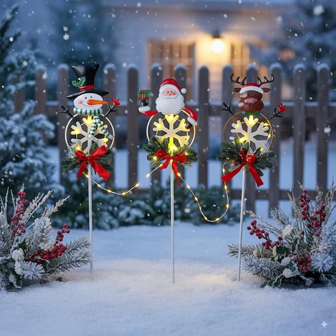 Christmas Yard Stakes Solar with Metal Santa, Snowman & Reindeer Set of 3, Christmas Grave Decorations with Solar String Lights for Outdoor Cemetery, Garden, Pathway, Porch