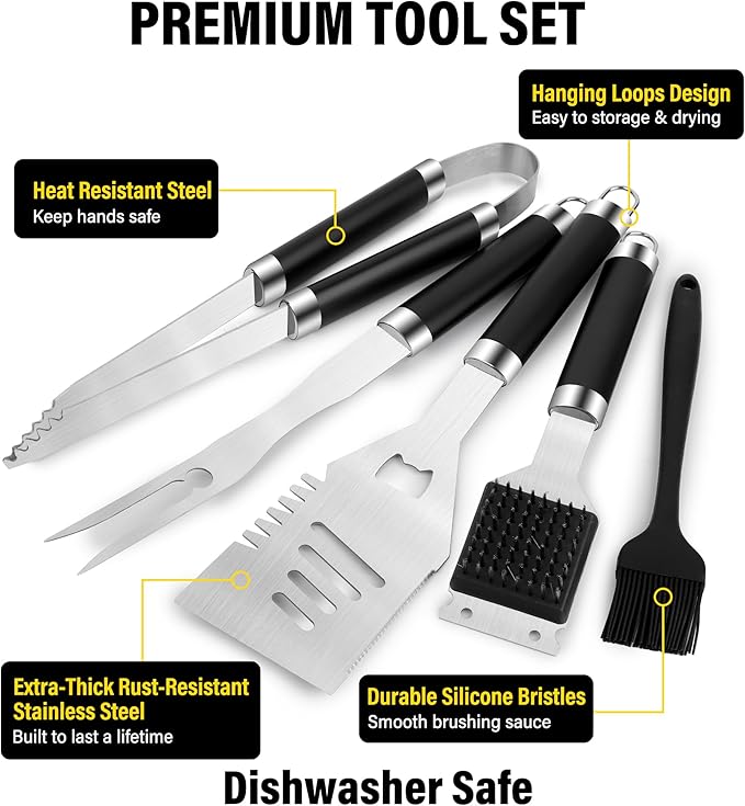 Yekale BBQ Grill Accessories Set, Grill Tools Grilling Accessories Grilling Gifts for Men - Spatula, Fork, Brush, Tongs & Cleaning Brush - Outdoor Barbecue Utensils Gifts for Men Dad Him (Black)