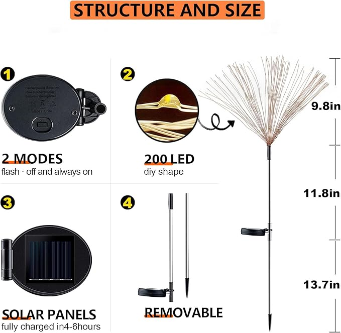 4 Pack Solar Firework Lights 200 LED Create Magical Nights, Waterproof Starburst Fairy Lights for Garden Yard Patio Christmas Romantic Wedding Party Decor(Color)