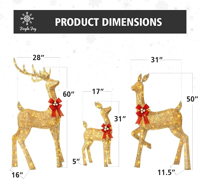 Jingle Joy 3-Piece Large Lighted Christmas Deer Family Set 5Ft Outdoor Yard Decoration with 210 LED Lights, Stakes, Zip Ties (Gold)
