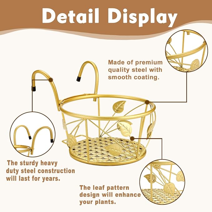 3 Pack Hanging Planter Holders for Balcony Railings Heavy Duty Metal Flower Pot Stands for Indoor Outdoor Use Deck Fence Garden Patio Porch Railing Plant Hangers (Golden)