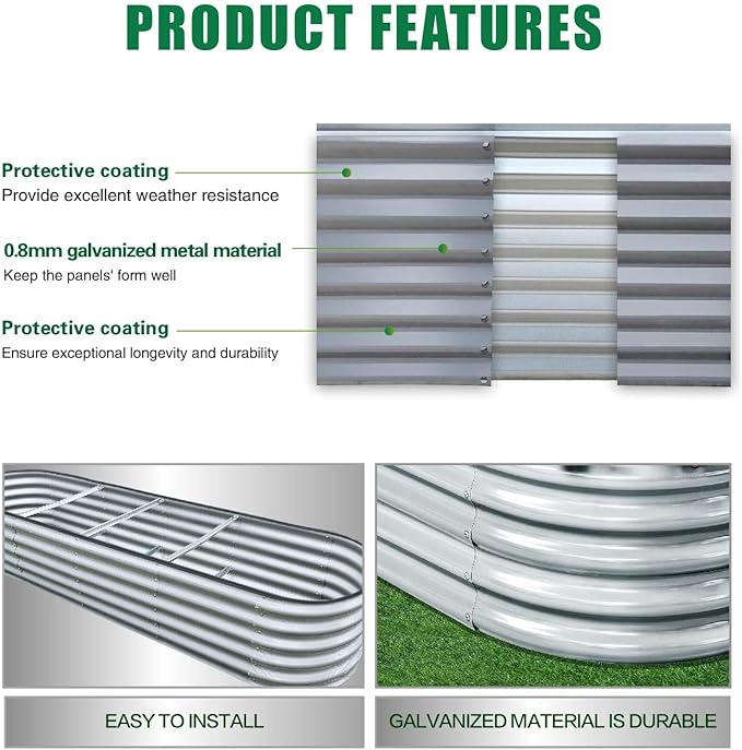 GrowHaus 8x2x1.4FT Galvanized Raised Garden Bed, Planter Boxes Outdoor Large Metal Garden Beds for Planting Vegetables Flowers Herbs Silver
