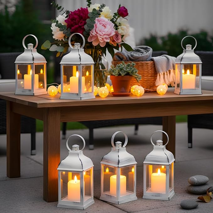 Yongmao White Vintage Lantern Decorative LED Flickering Flameless Candle with Timer, Battery Powered LED Decorative Hanging Lanterns for Indoor Outdoor Wedding Garden Yard Home Decor(4 Pack)