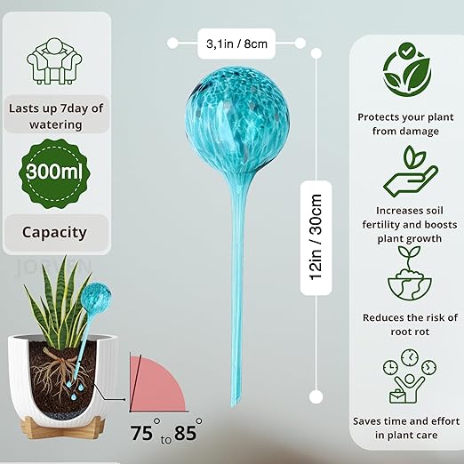 Premium Self Watering Globes, Set of 4 – XLarge 300 ml Automatic Hand-Blown Multicolored Glass Bulbs, Indoor/Outdoor Plant Waterer for Flower Pots & Garden Vacation Irrigation