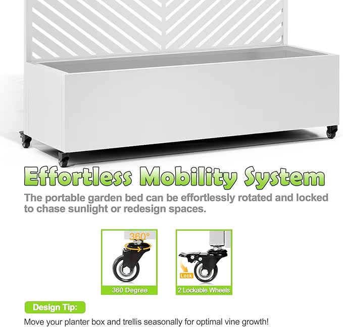 15.7"×70.9"×47.2" Metal Raised Garden Bed with Trellis and Wheels - Tall Trellis Planter Box for Climbing Plants, Vegetables & Vines - Outdoor Privacy Planters for Patio (White-Parallel)