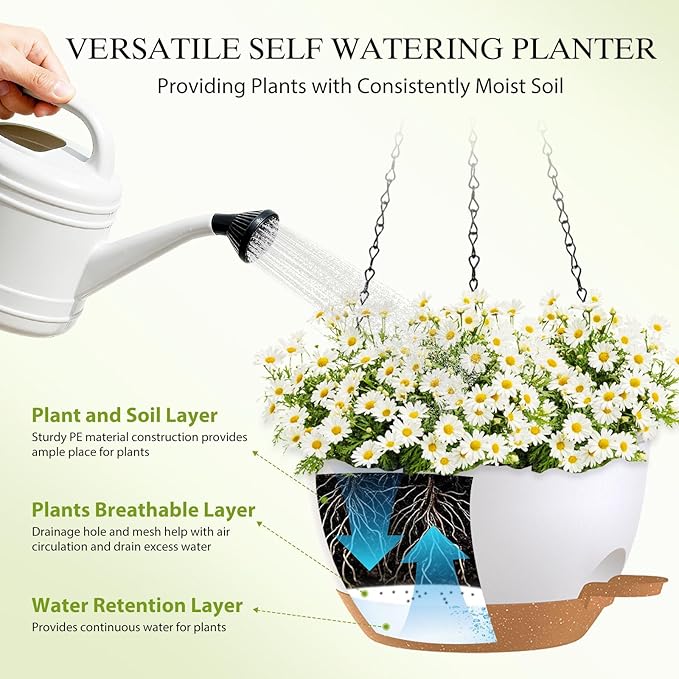 10 Inch Hanging Baskets 2 PC with Chains, Self-Watering Hanging Planters for Indoor Outdoor Plants, Plastic Hanging Flower Pots,White Brown
