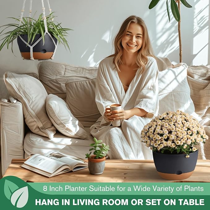montresor Set of 2-8 Inch Hanging Planters for Indoor Plants with Self-Watering Includes Hanging Pots for Plants, Outdoor Hanging Plant Pot with Drainage, and 2 Types of Baskets Hangers (Black)