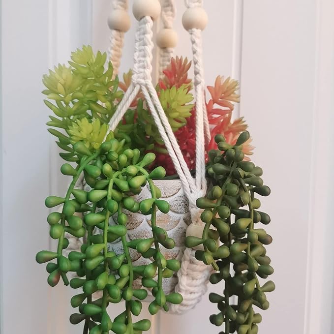Macrame Plant Hanger Indoor, 23" No Tassel Hanging Plant Holder, Sturdy Flower Pot Holder with 2 Hooks - Ivory (Pot NOT Included)
