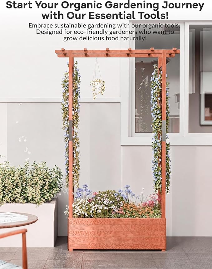 Raised Garden Bed with Trellis and Hanging Roof, Wooden Planter Box with Side Supports and Drainage, Freestanding Elevated Planter for Climbing Plants, Vines, and Flowers, 43x17x72Ft