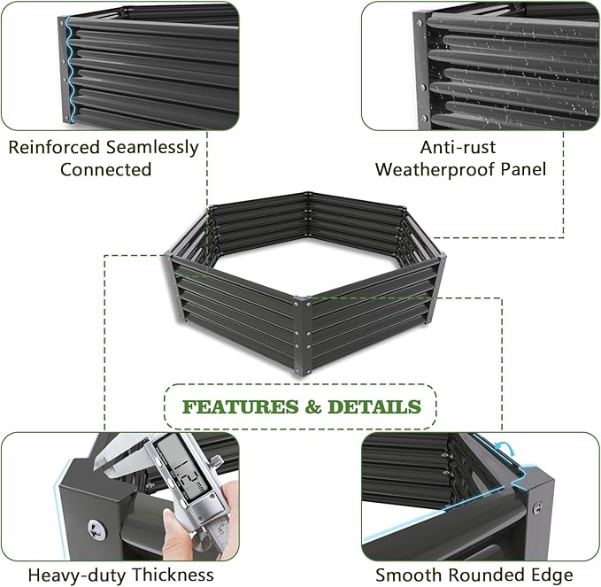 A ANLEOLIFE 3 Set Hexagon Galvanized Raised Garden Beds Outdoor,70x60x18in Metal Planter Box for Planting Vegetables Flowers Herb, Anti-Rust & Easy-Setup, Quartz Grey